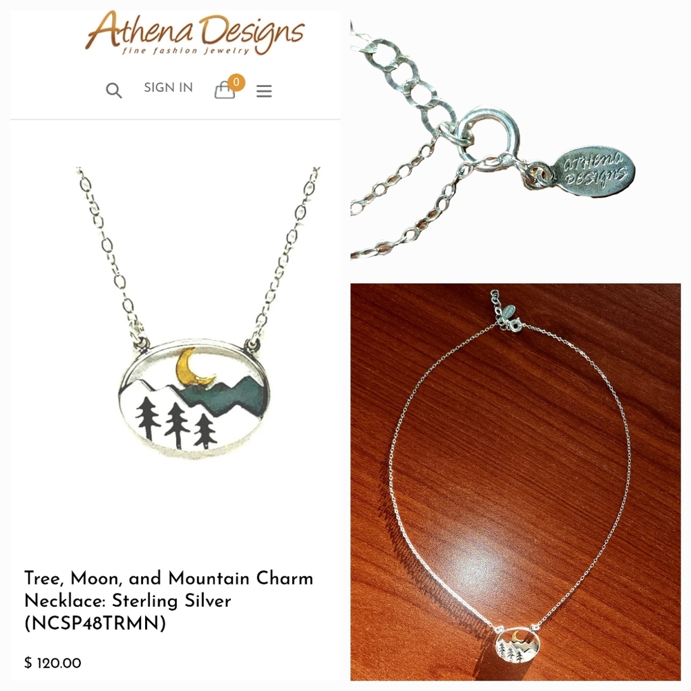 Sterling Silver Necklace with Moon overlooking 3 Trees and Mountain*  Charm